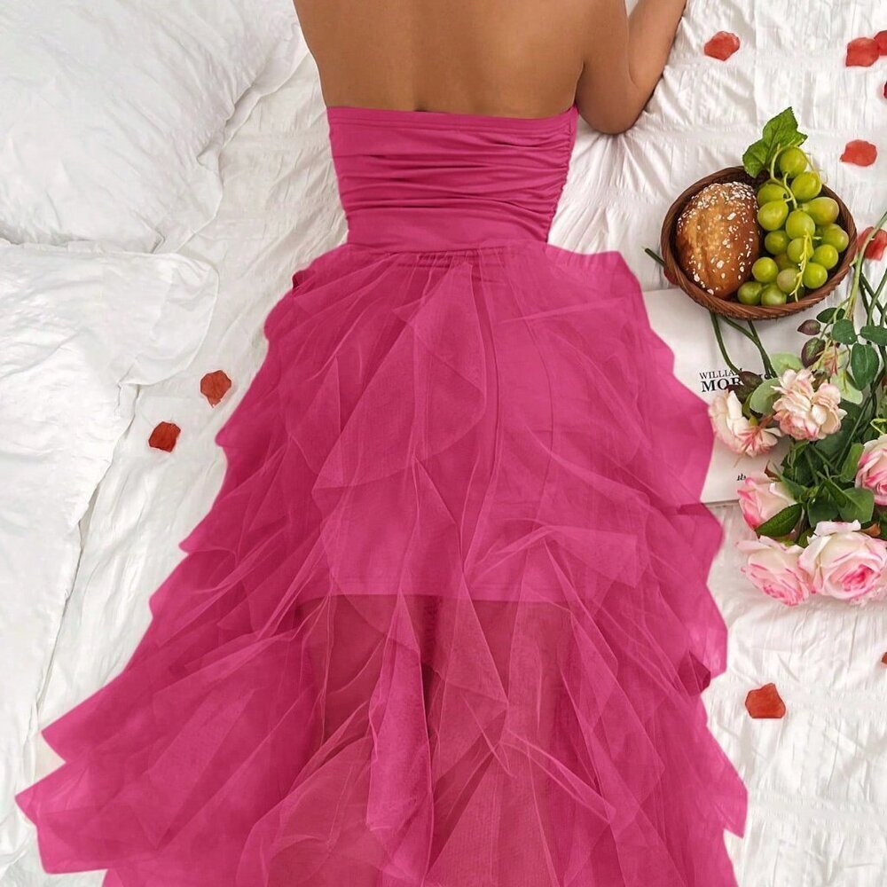 Hot Pink Sexy Women's Ladies Solid Color Simple Style Everyday Mesh Halter Dress - Picture 2 of 6